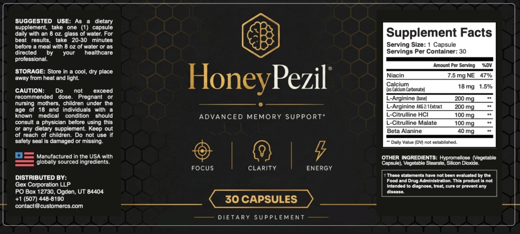 HoneyPezil ingredients label